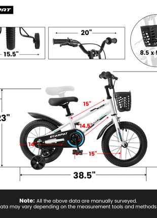 Caroeas Kids Bike 14 inch with Basket for Boys & Girls Ages 3-5 with Training Wheels, Freestyle Kids' Bicycle with Training Wheels, Fenders, White