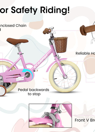 Caroeas Vintage 12 Inch Kids Bike with Basket, Training Wheels, Bicycle for Toddlers and Kids Ages 2-4 Girls & Boys, Pink