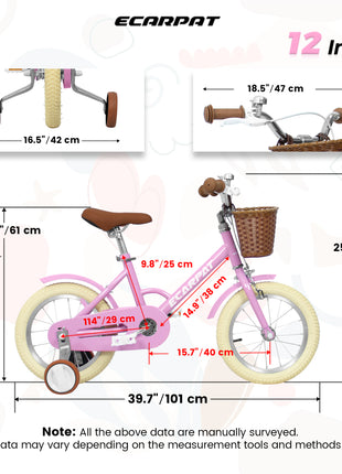 Caroeas Vintage 12 Inch Kids Bike with Basket, Training Wheels, Bicycle for Toddlers and Kids Ages 2-4 Girls & Boys, Pink