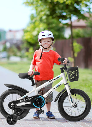 Caroeas Kids Bike 14 inch with Basket for Boys & Girls Ages 3-5 with Training Wheels, Freestyle Kids' Bicycle with Training Wheels, Fenders, White