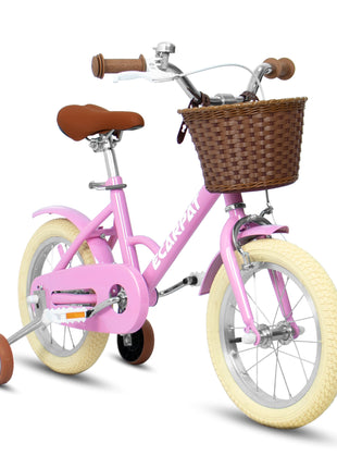 Caroeas Vintage 12 Inch Kids Bike with Basket, Training Wheels, Bicycle for Toddlers and Kids Ages 2-4 Girls & Boys, Pink